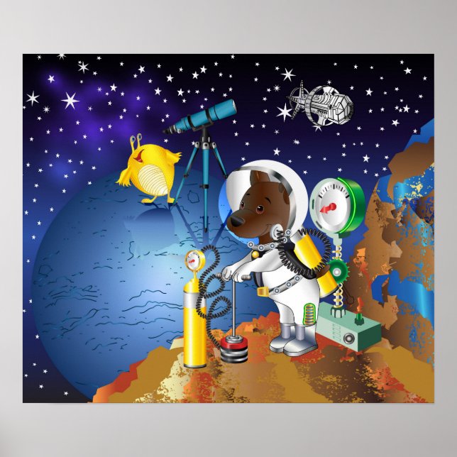 Welpe im Weltraum und Alien mit Teleskop Poster (Vorne)