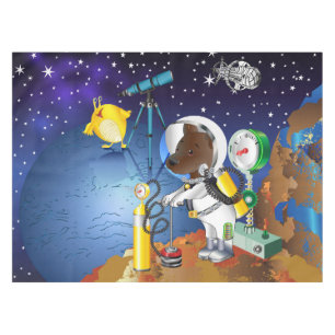 Welpe im Weltraum und Alien mit Teleskop Tischdecke