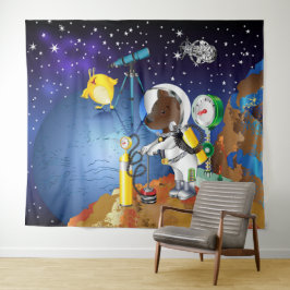 Welpe im Weltraum und Alien mit Teleskop Wandteppich