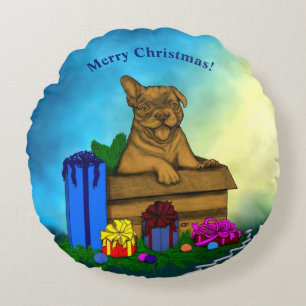 Welpe in A Box , frohe Weihnachten Rundes Kissen