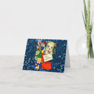 Welpe in Christmas Strumpf Blue Imitats Glitzer Feiertagskarte