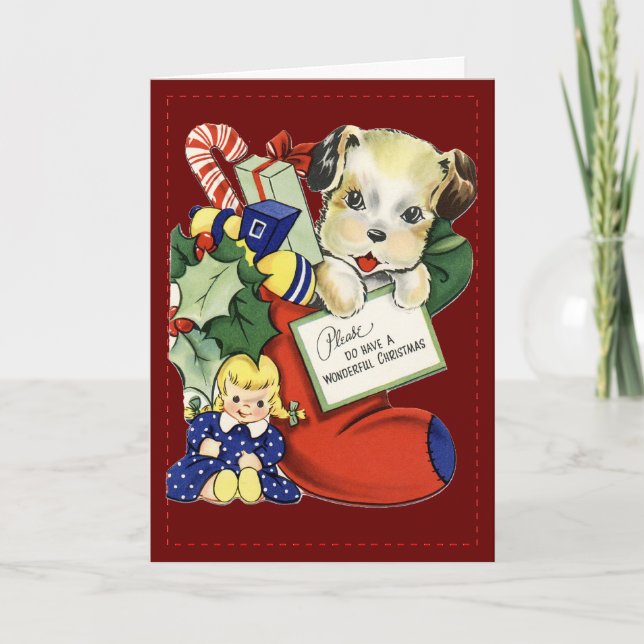Welpe in Christmas Strumpf - Vintage Karte (Vorderseite)