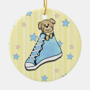 Welpe in einer blauen Schuh-Verzierung Keramik Ornament