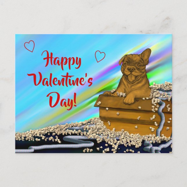 Welpe in einer Schachtel, Happy Valentine's Day! Postkarte (Vorderseite)