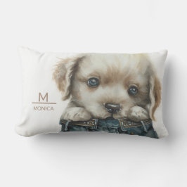 Welpe in Jeans Art Monogram Kissen