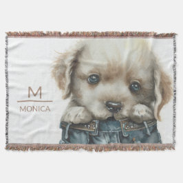 Welpe in Jeans Art Monogram Personalisiert Decke