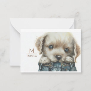 Welpe in Jeans Art Monogram Personalisiert Note Ca Mitteilungskarte