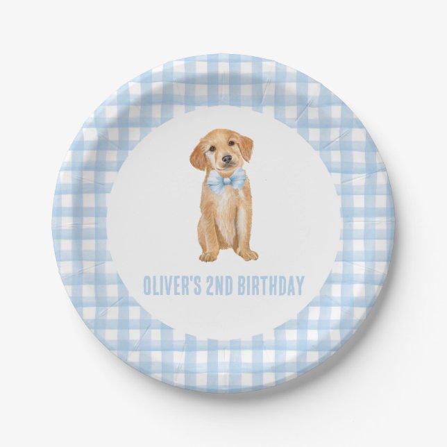Welpe karierten Geburtstag Pappteller (Vorderseite)