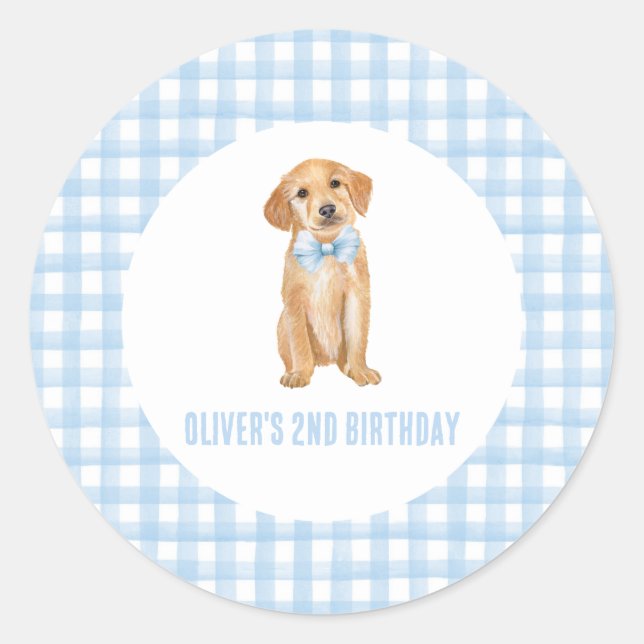 Welpe karierten Geburtstag Runder Aufkleber (Vorderseite)