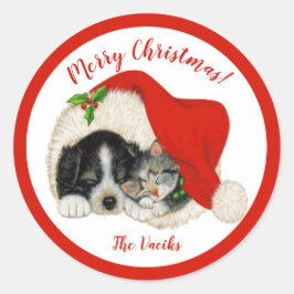 Welpe & Kitten Frohe Weihnachts-Round-Stickers Runder Aufkleber