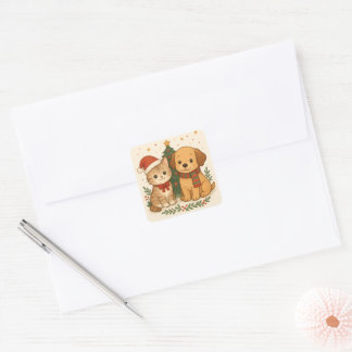 Welpe & Kitten Weihnachtsmann Quadratischer Aufkleber