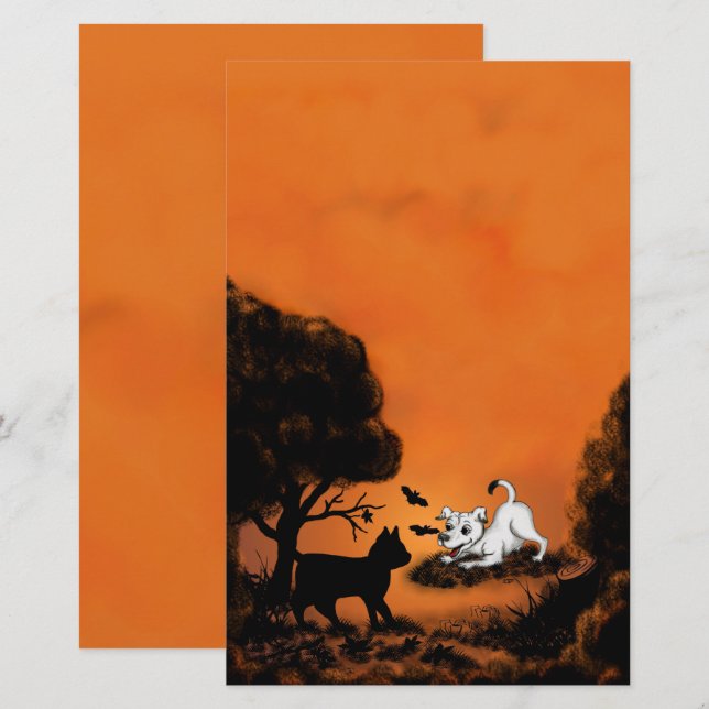 Welpe mit Black Cat and Bat , Happy Halloween! Briefpapier (Vorne/Hinten)