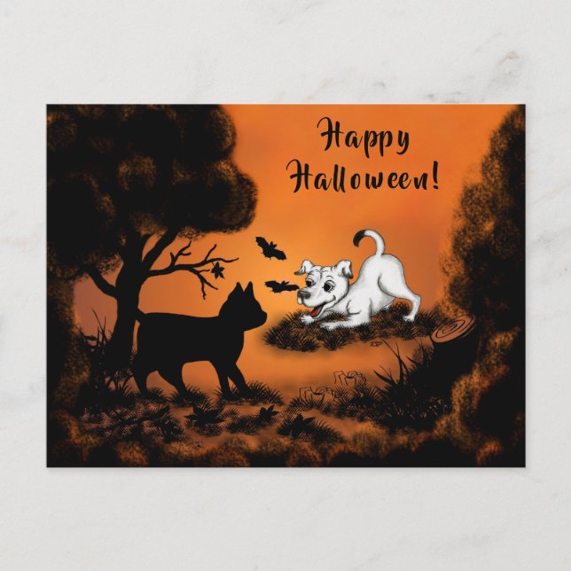 Welpe mit Black Cat and Bat , Happy Halloween! Postkarte (Vorderseite)