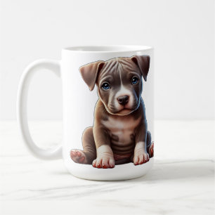 Welpe mit blauen Augen sitzt und sieht unschuldig Kaffeetasse