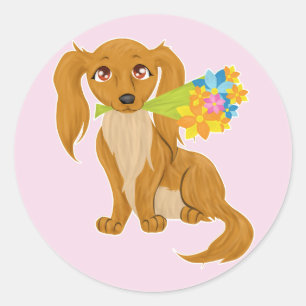 Welpe mit Blume Bouquet Runder Aufkleber