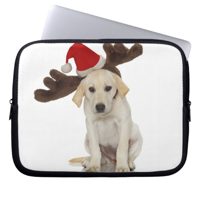 Welpe mit den Weihnachtsmannmütze-und Ren-Ohren Laptopschutzhülle (Vorderseite)