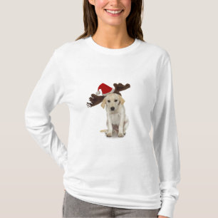 Welpe mit den Weihnachtsmannmütze-und Ren-Ohren T-Shirt