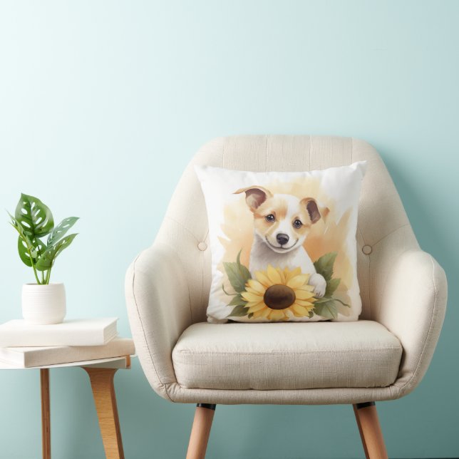 Welpe mit gelber Sonnenblume Kissen (Stuhl )