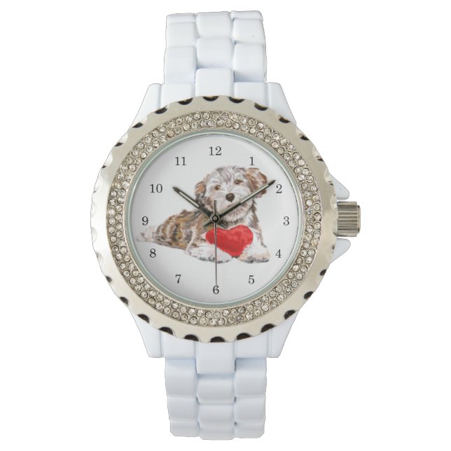 Welpe mit Herzgeschenk für Ihre Liebe Geschenk ans Armbanduhr (Vorderseite)