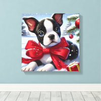 Welpe mit Red Bow in Snowy Christmas Scene