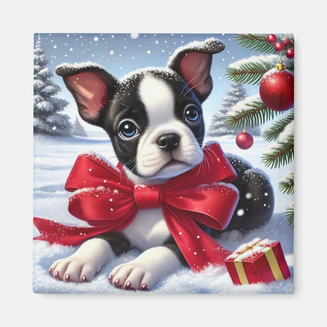 Welpe mit Red Bow in Snowy Christmas Scene Magnet (Vorne)