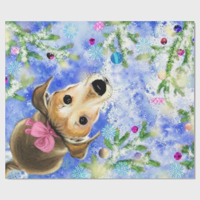 Welpe mit rosa Band - Frohe Weihnachten Geschenkpapier (Flach)