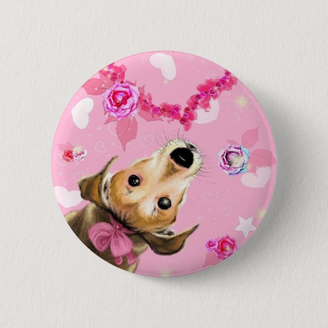 Welpe mit rosa Schleife - Liebe Button (Vorderseite)