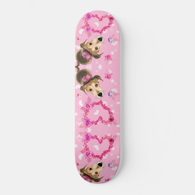 Welpe mit rosa Schleife - Liebe Skateboard (Vorderseite)