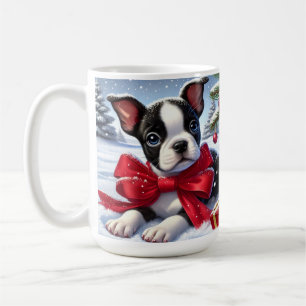 Welpe mit roter Schleife in einer schneebedeckten Kaffeetasse