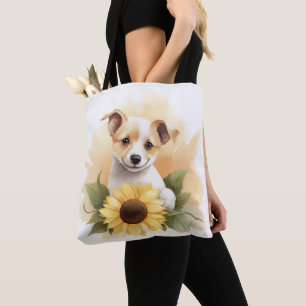 Welpe mit Sonnenblume Tasche
