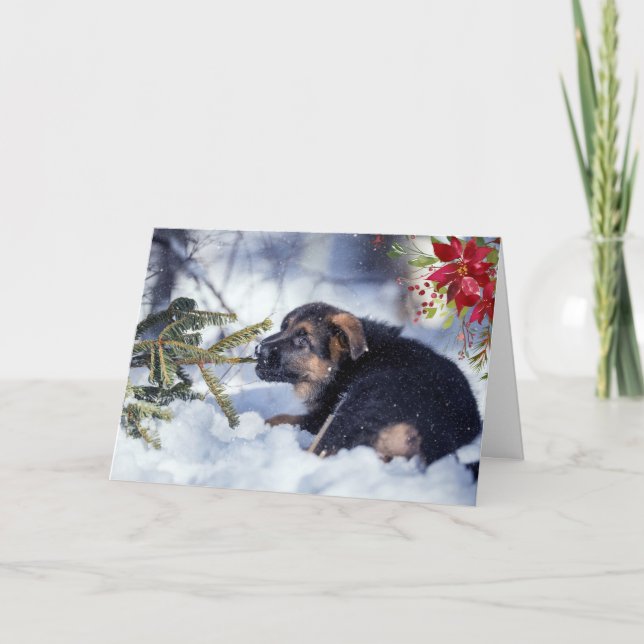 Welpe mit Watercolor Poinsettia Karte (Vorderseite)