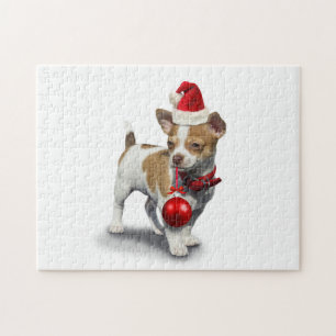 Welpe mit Weihnachtsmütze und Ball