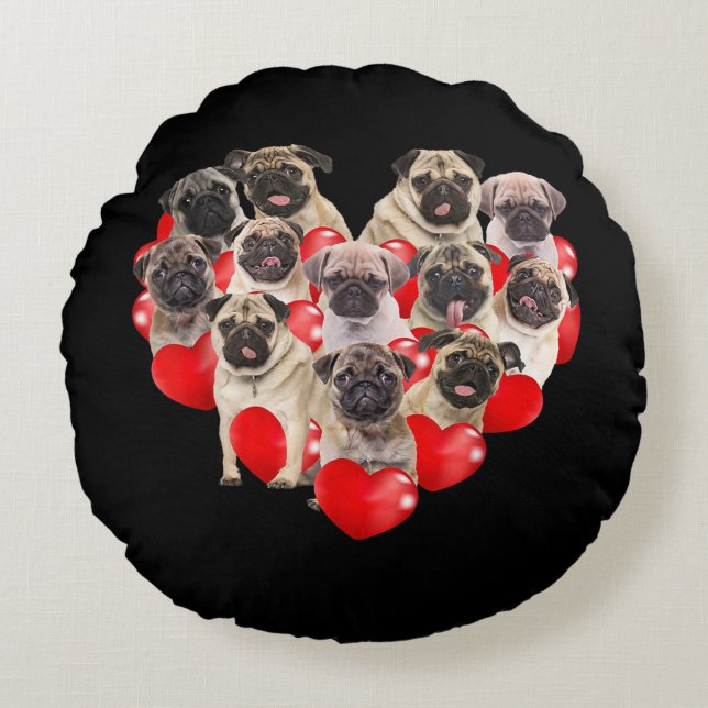 Welpe Möpsen Hundeherz | Valentinstag Rundes Kissen (Vorderseite)