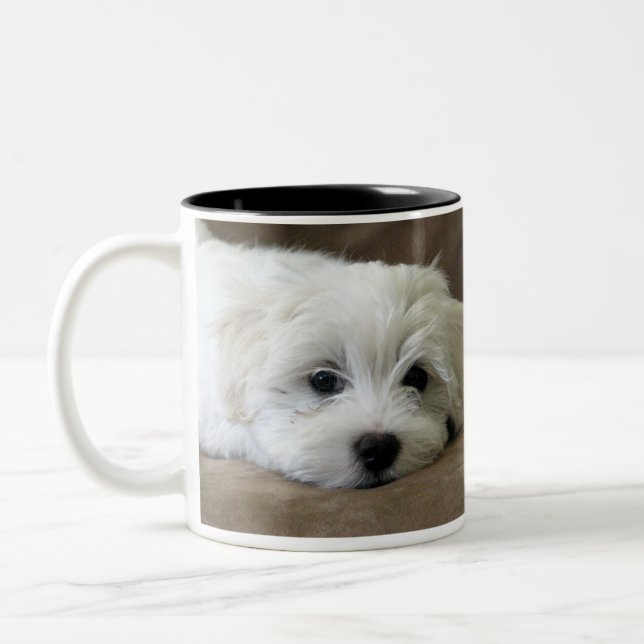 Welpe mustert maltesische kundenspezifische Tasse (Links)