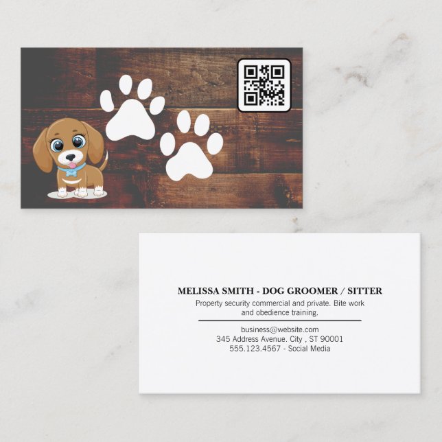 Welpe | Niedliche Doggie Paws | Holz | QR Code Visitenkarte (Vorne/Hinten)