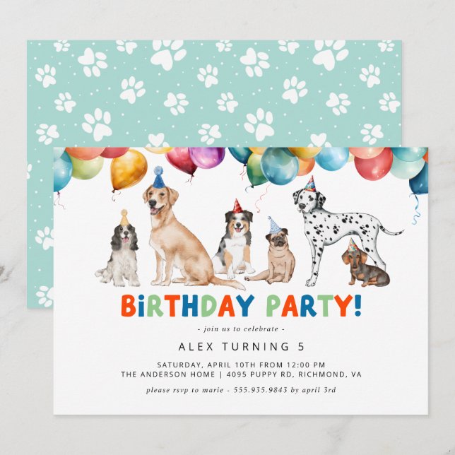 Welpe Party | Niedlich Spaß Kinder Hunde Thema Geb Einladung (Vorne/Hinten)