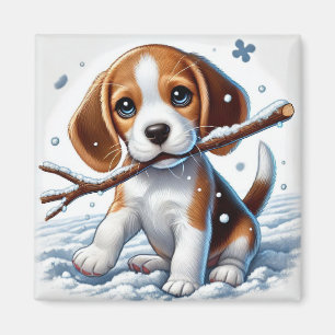 Welpe spielt im Schnee mit einem Stock im Winter Magnet
