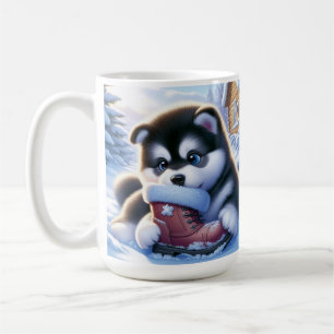 Welpe spielt mit einem schneebedeckten Winterstief Kaffeetasse