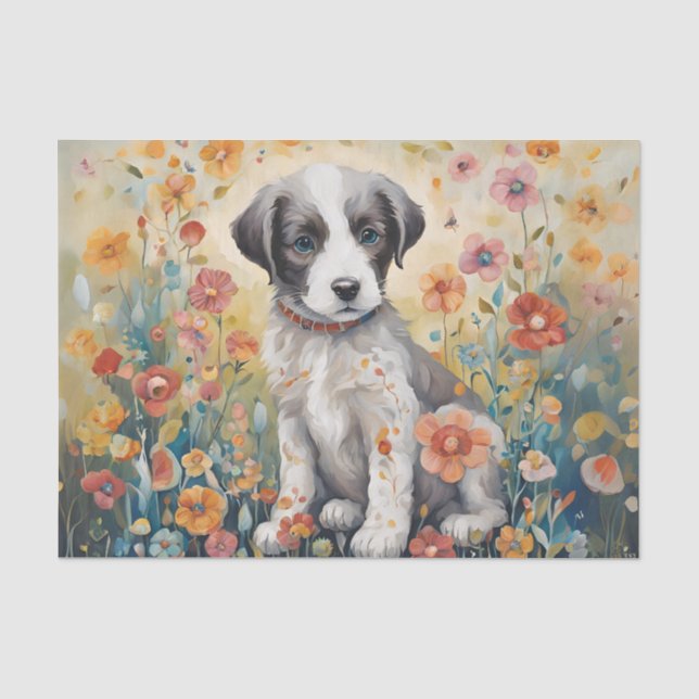 Welpe umgeben von Blume Dekoupage Tissue Paper Seidenpapier (Vorderseite)
