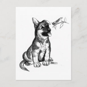 Welpe und Grasshopper Postkarte
