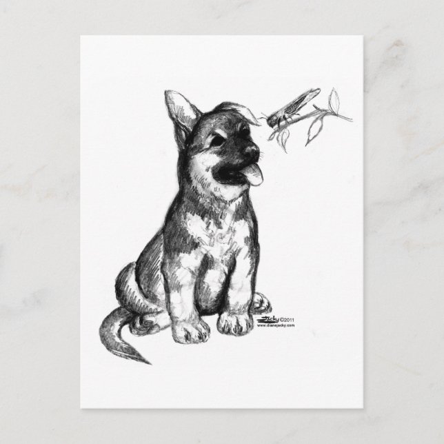 Welpe und Grasshopper Postkarte (Vorderseite)