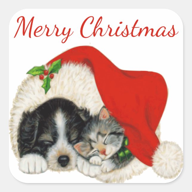 Welpe und Kitten Frohe Weihnachtsaufkleber Quadratischer Aufkleber (Vorderseite)