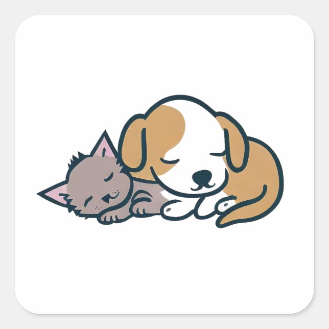 Welpe und Kitten schlafen zusammen Quadratischer Aufkleber (Vorderseite)