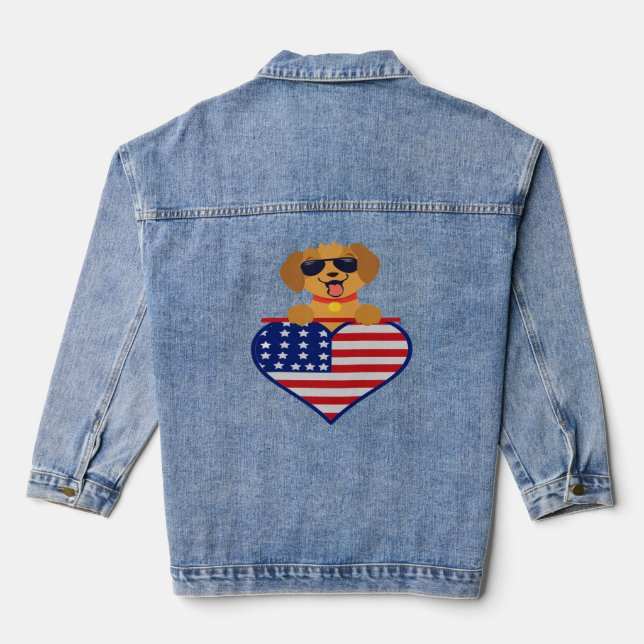 Welpe Wearing Sonnenbrille USA Flag Herz Womens Jeansjacke (Rückseite)