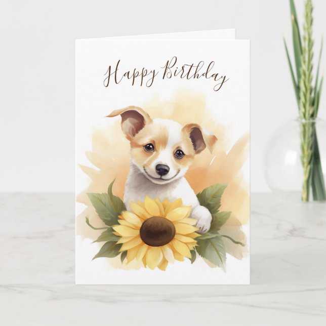 Welpe zum Geburtstag mit Sonnenblume Karte (Vorderseite)