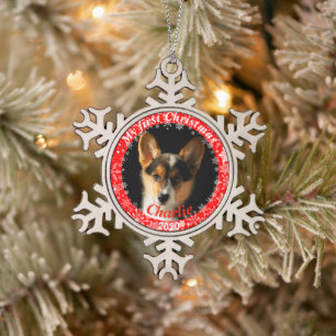 Welpen Erstes Weihnachtsfest-Foto Schneeflocken Zinn-Ornament