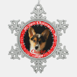 Welpen Erstes Weihnachtsfest-Foto Schneeflocken Zinn-Ornament