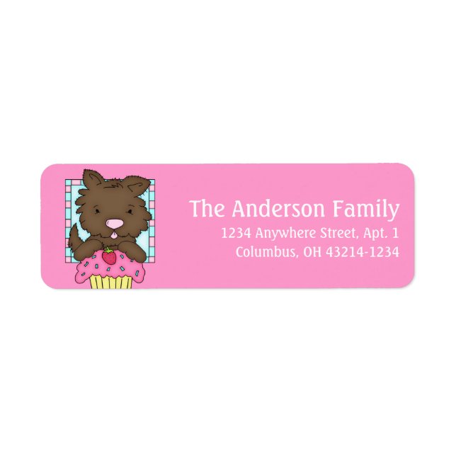 Welpen Hund mit Cupcake Geburtstagsadresse Labels  (Vorne)