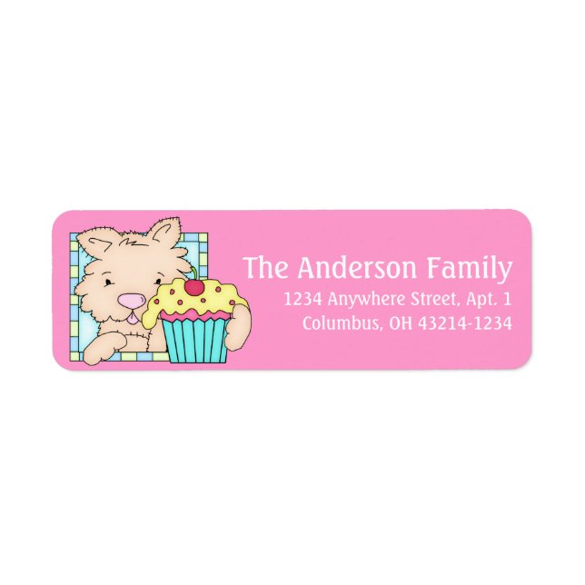 Welpen Hund mit Cupcake Geburtstagsadresse Labels  (Vorne)