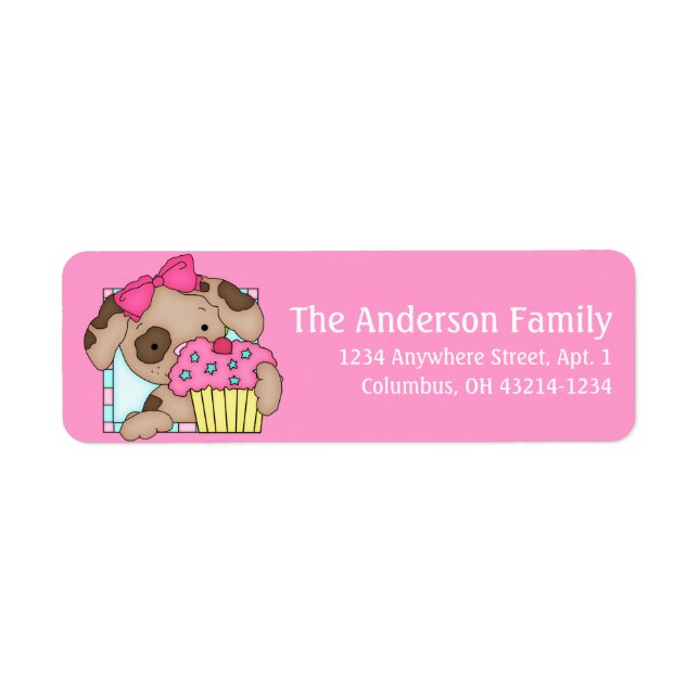 Welpen Hund mit Cupcake Geburtstagsadresse Labels  (Vorne)